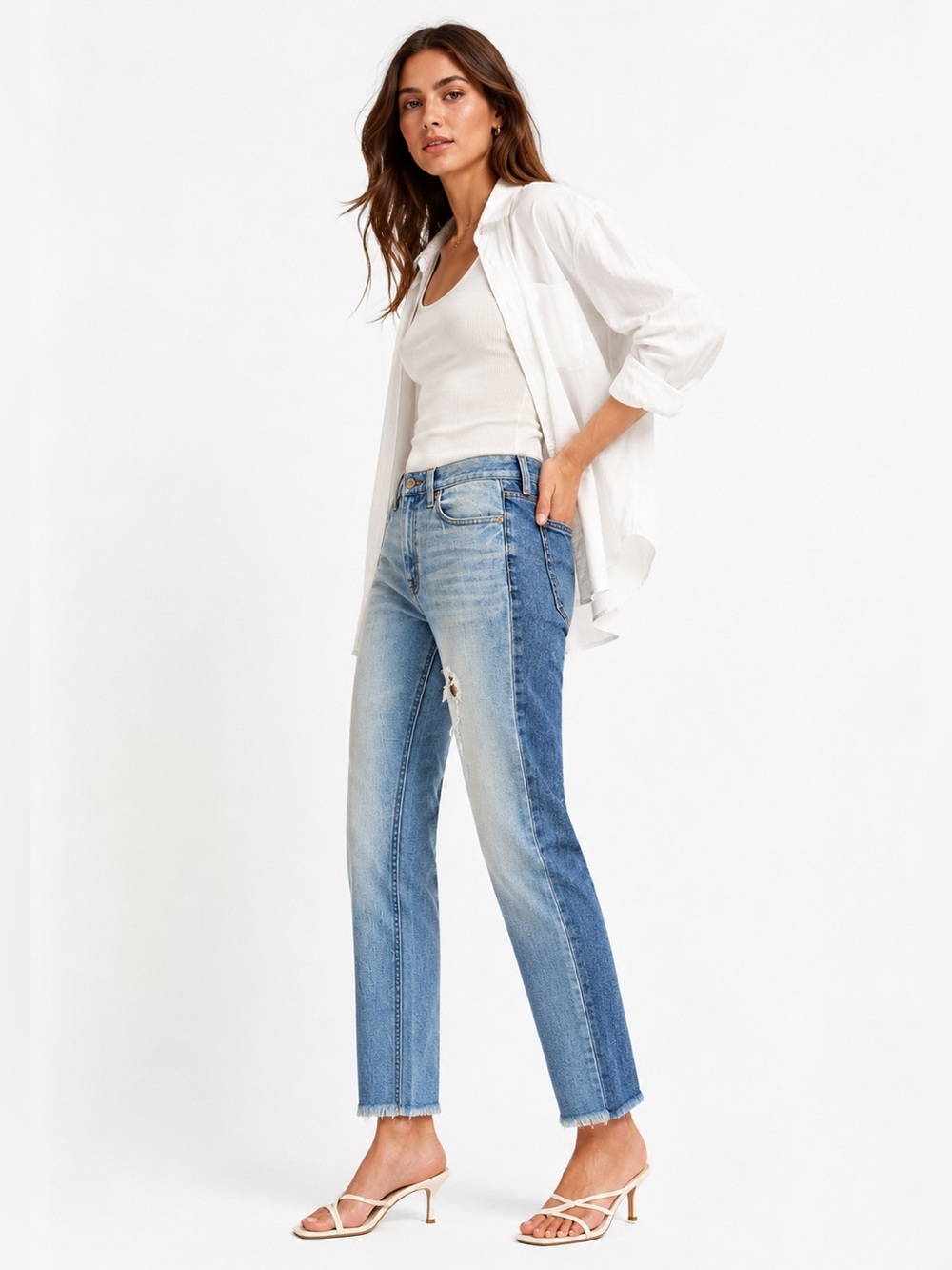 Joie Two Tone Dark & Light Blue Denim Skinny Jeans Distressed Raw Hem Size 26
